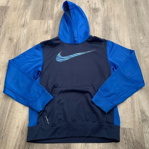 NIKE Hoodie Mens Small Blue Therma Fit Center Swoosh Pullover Sweatshirt 620171 - Picture 1 of 9